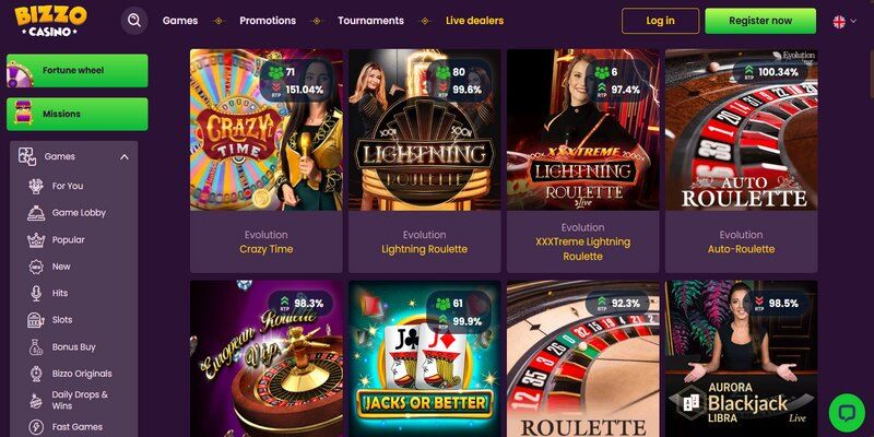 Posnetek zaslona strani igralnice - Bizzo Casino