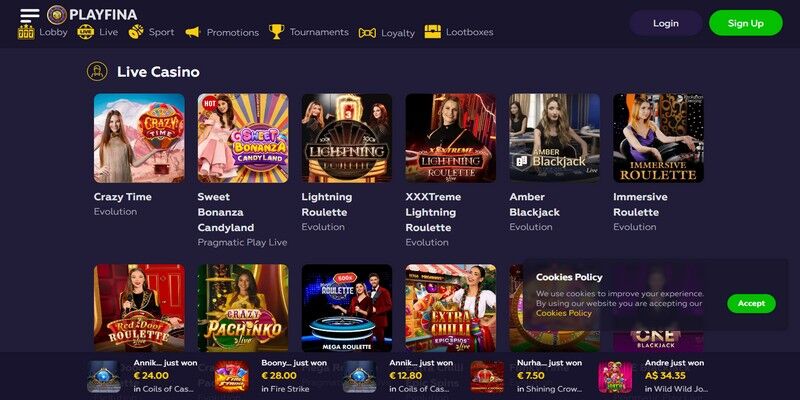 Posnetek zaslona strani igralnice - Playfina