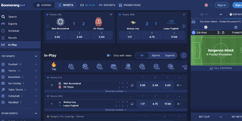 Posnetek zaslona športne strani Boomerang Bet
