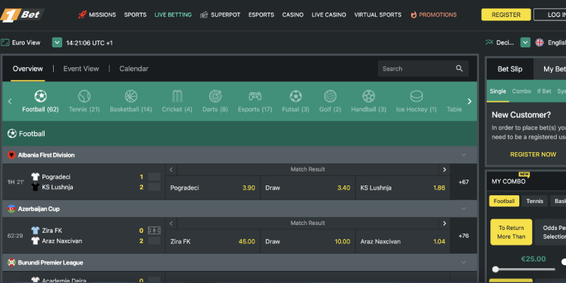 Posnetek zaslona strani za športne stave 1Bet