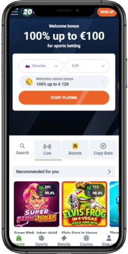 Posnetek zaslona mobilne domače strani stavnice 20bet