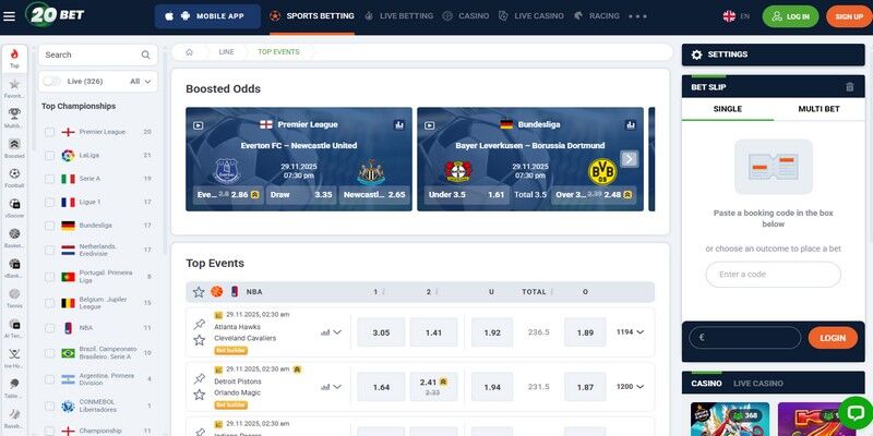 Posnetek zaslona strani za športne stave 20bet