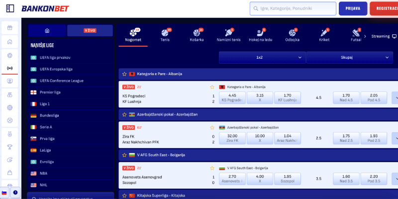 Posnetek zaslona strani za športne stave Bankonbet