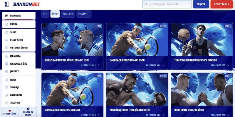 Posnetek zaslona promocijske strani stavnice Bankonbet