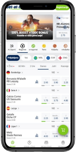 Posnetek zaslona mobilne domače strani stavnice Bet-at-home
