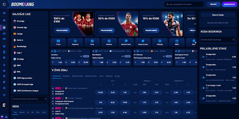 Posnetek zaslona strani za športne stave Bomerang bet