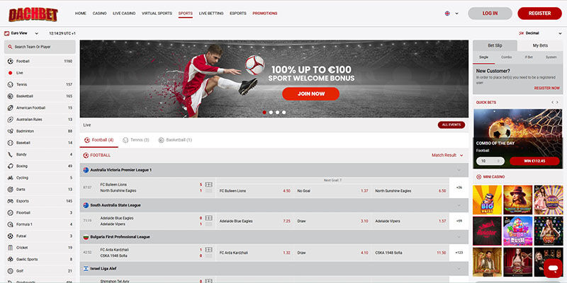 Posnetek zaslona strani za športne stave Dachbet