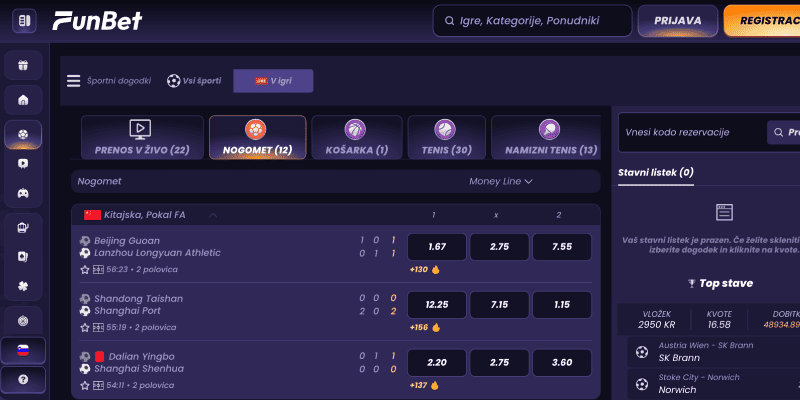 Posnetek zaslona strani za športne stave FunBet