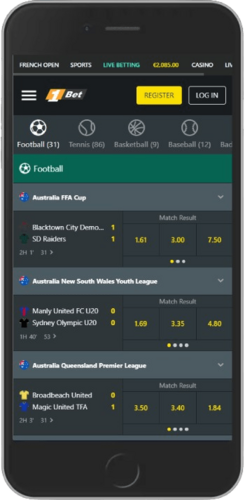 Posnetek zaslona mobilne športne strani 1Bet