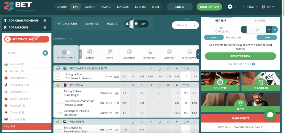 Posnetek zaslona športne strani 22Bet