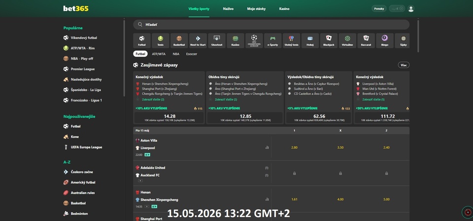 Posnetek zaslona športne strani bet365