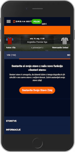 Posnetek zaslona mobilnega telefona kako staviti na Dream Bet