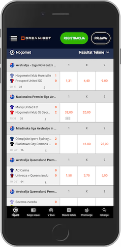 Posnetek zaslona mobilne naprave za športno stran Dream Bet