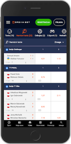 Posnetek zaslona mobilne strani Dream Bet s športnimi dogodki v živo