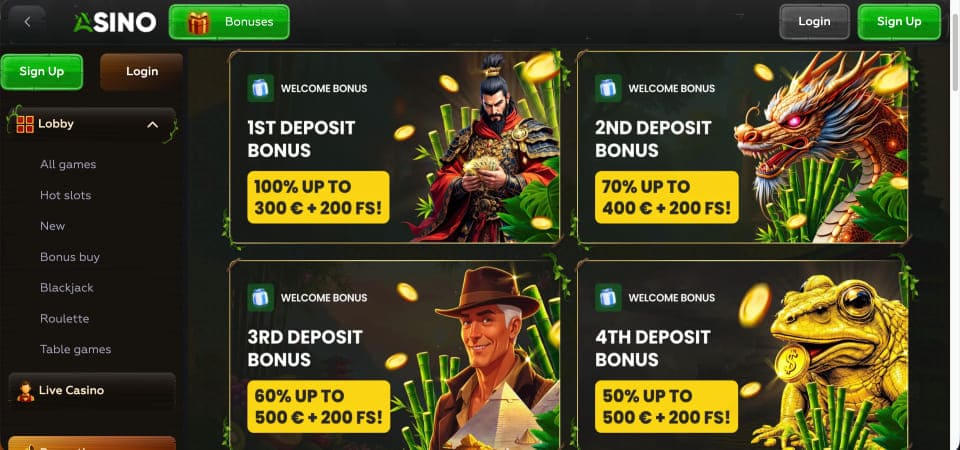 Posnetek zaslona bonus strani Asino