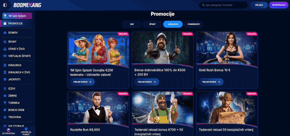  42 / 5 000 Posnetek zaslona promocijske strani igralnice Boomerang