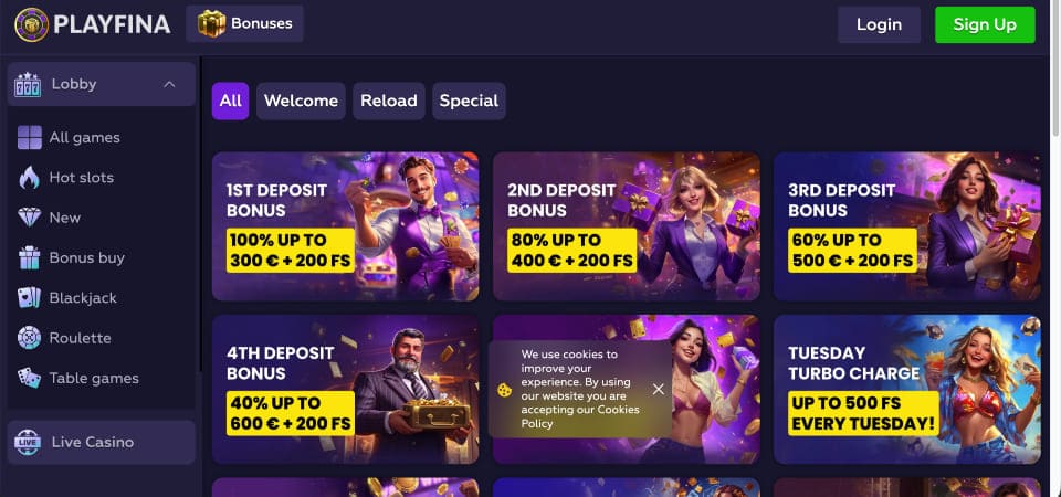 Posnetek zaslona bonusne strani Playfina