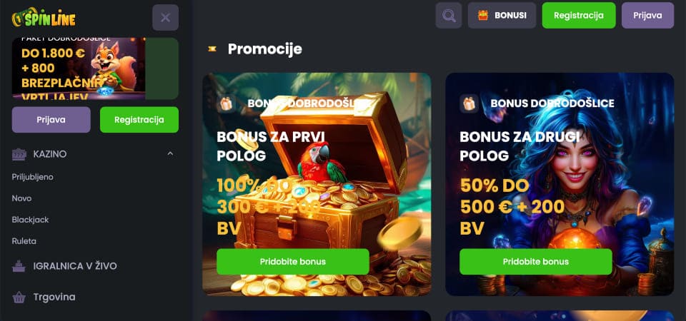 Posnetek zaslona strani z bonusi