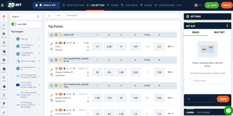 Posnetek zaslona športne strani 20bet