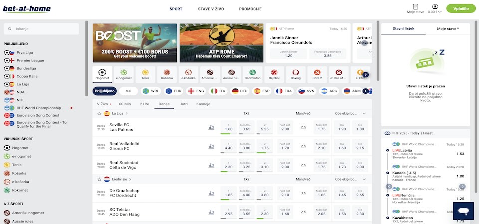 Snímka obrazovky športovej stránky Bet-at-home