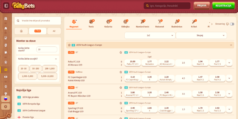 Posnetek zaslona športne strani BillyBets