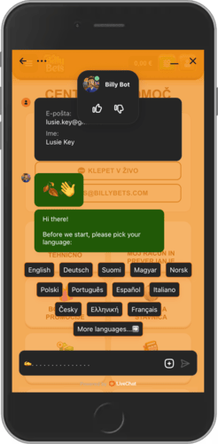 Posnetek zaslona mobilnega klepeta v živo BillyBets