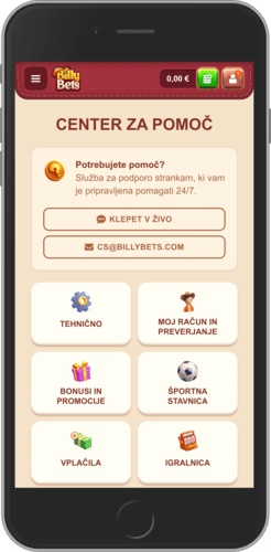 Posnetek zaslona mobilne strani za podporo BillyBets