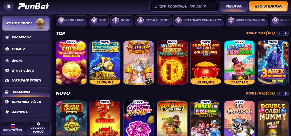 Posnetek zaslona strani igralnih avtomatov Funbet