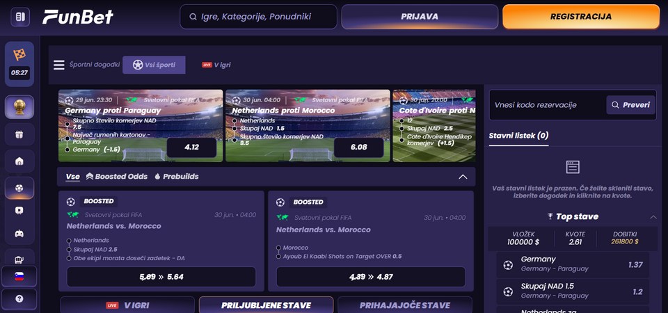 Posnetek zaslona športne strani Funbet