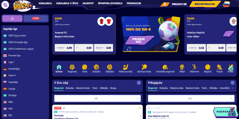 Posnetek zaslona športne strani Mr.Pacho