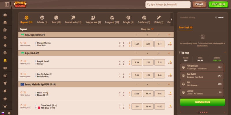 Posnetek zaslona športne strani Stonevegas